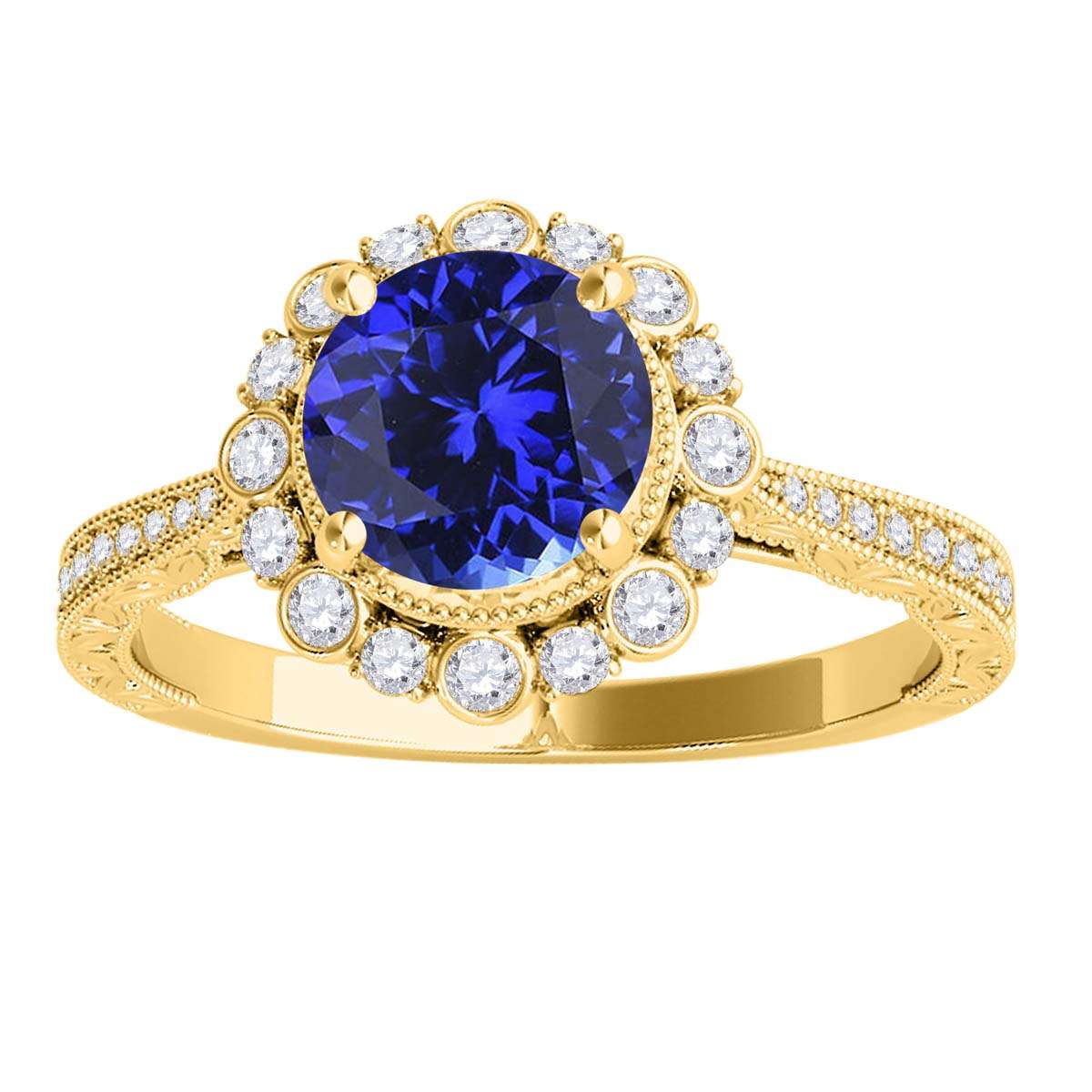 1.10 Carat Round Tanzanite and White Diamond Gemstone Engagement Rings in 10K Rose, White, and Yellow Gold Mauli Jewels