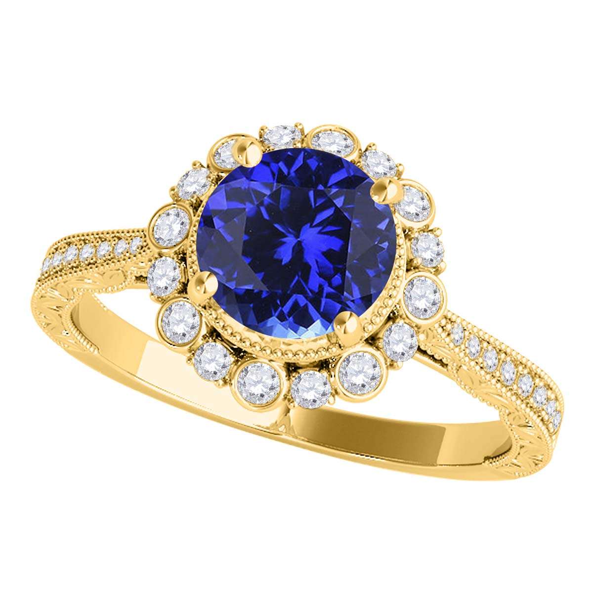 1.10 Carat Round Tanzanite and White Diamond Gemstone Engagement Rings in 10K Rose, White, and Yellow Gold Mauli Jewels