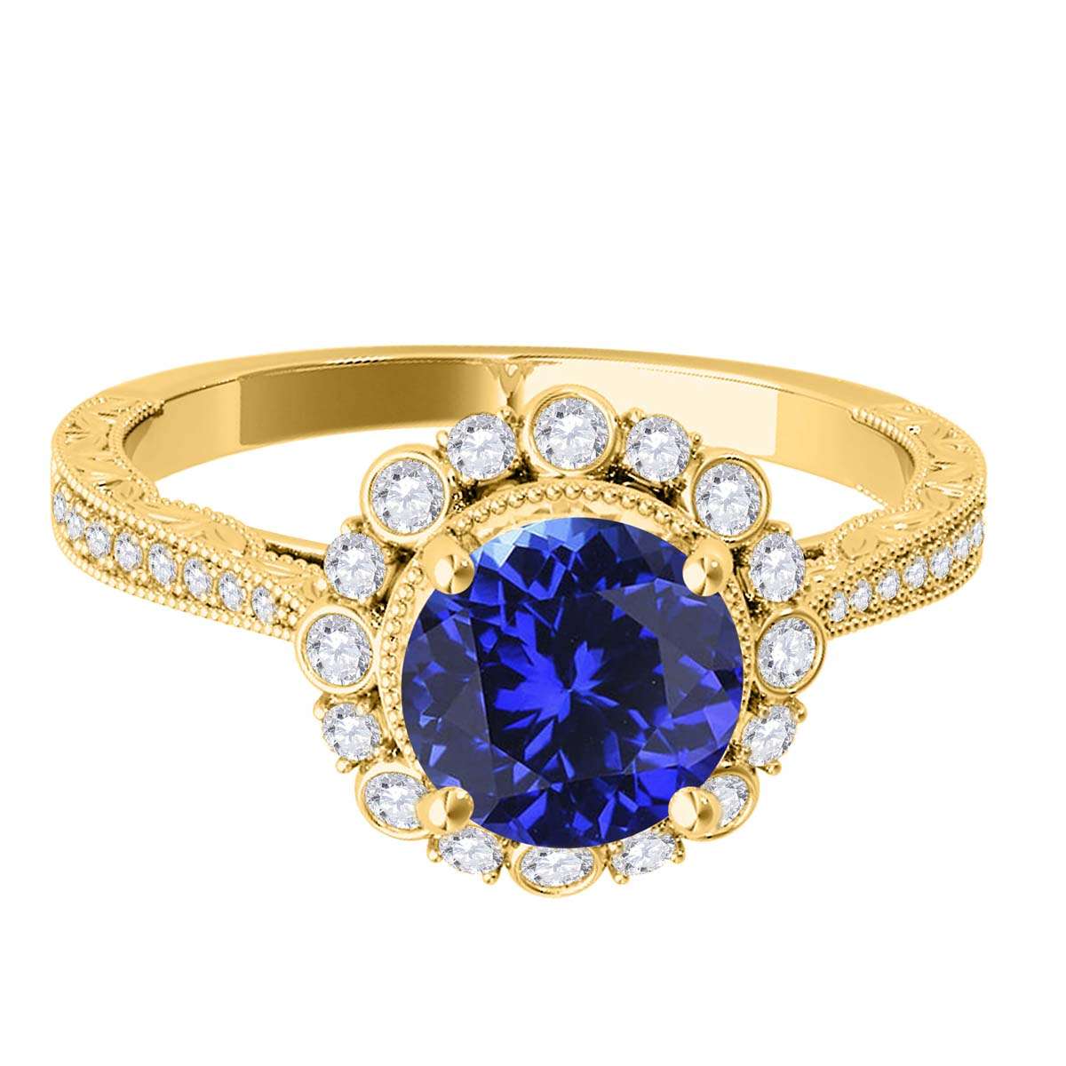 1.10 Carat Round Tanzanite and White Diamond Gemstone Engagement Rings in 10K Rose, White, and Yellow Gold Mauli Jewels