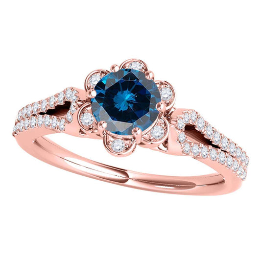 1/2 Carat Halo Blue Diamond Split Shank Engagement Ring for Women in 14K Rose, White, or Yellow Gold Mauli Jewels