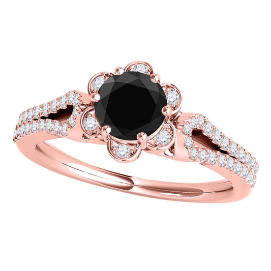 1/2 Carat Halo Black Diamond Split Shank Engagement Ring for Women in 14K Rose, White, or Yellow Gold Mauli Jewels