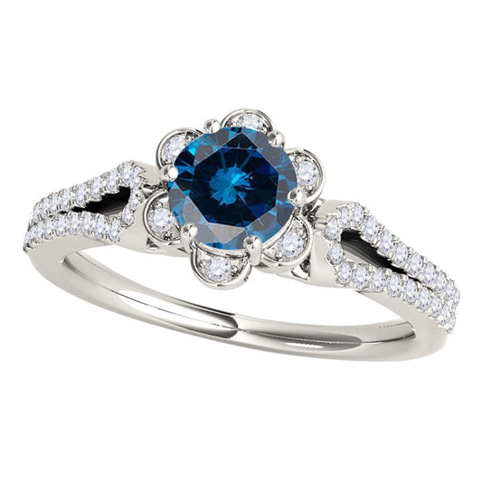 1/2 Carat Halo Blue Diamond Split Shank Engagement Ring for Women in 14K Rose, White, or Yellow Gold Mauli Jewels