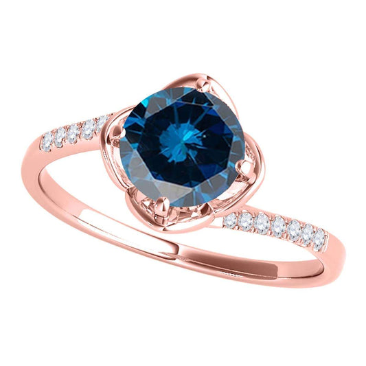 0.55 Carat Blue and White Diamond Engagement Wedding Twisted Shank Prong Set Ring In 14K Solid Rose White & Yellow Gold Mauli Jewels