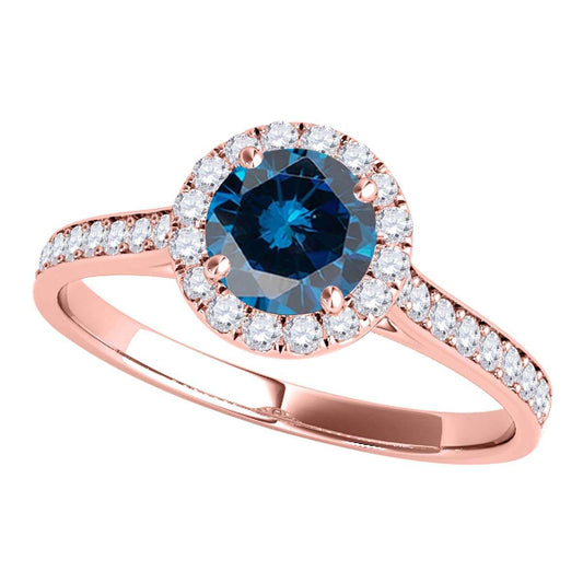 0.75 Carat Blue and White Halo Diamond Engagement Wedding Ring in 14K Solid Rose, White & Yellow Gold – Prong Set Elegance Mauli Jewels