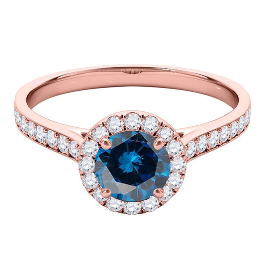0.75 Carat Blue and White Halo Diamond Engagement Wedding Ring in 14K Solid Rose, White & Yellow Gold – Prong Set Elegance Mauli Jewels