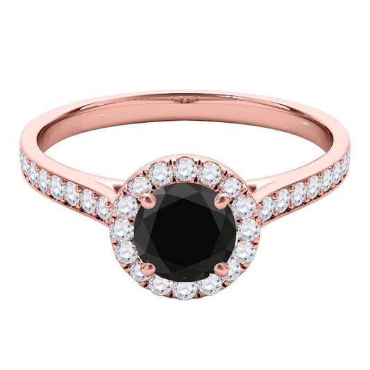 0.75 Carat Black and White Halo Diamond Engagement Wedding Prong Set Ring in 14K Solid Rose, White & Yellow Gold Mauli Jewels