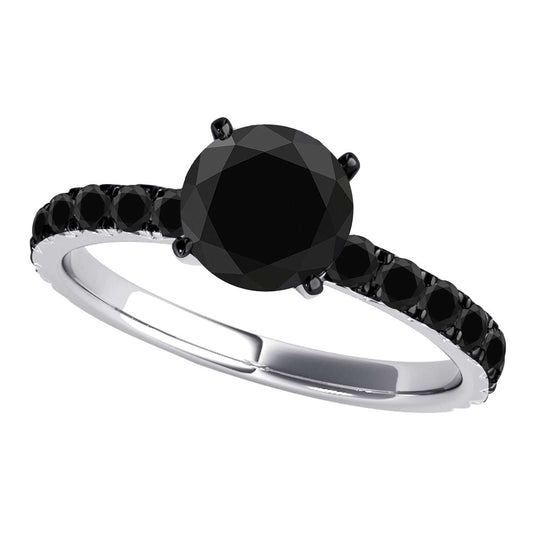 2.00 Carat Black Diamond Black Rhodium Plated Engagement Solitaire Ring In 10K Rose White & Yellow Gold Mauli Jewels