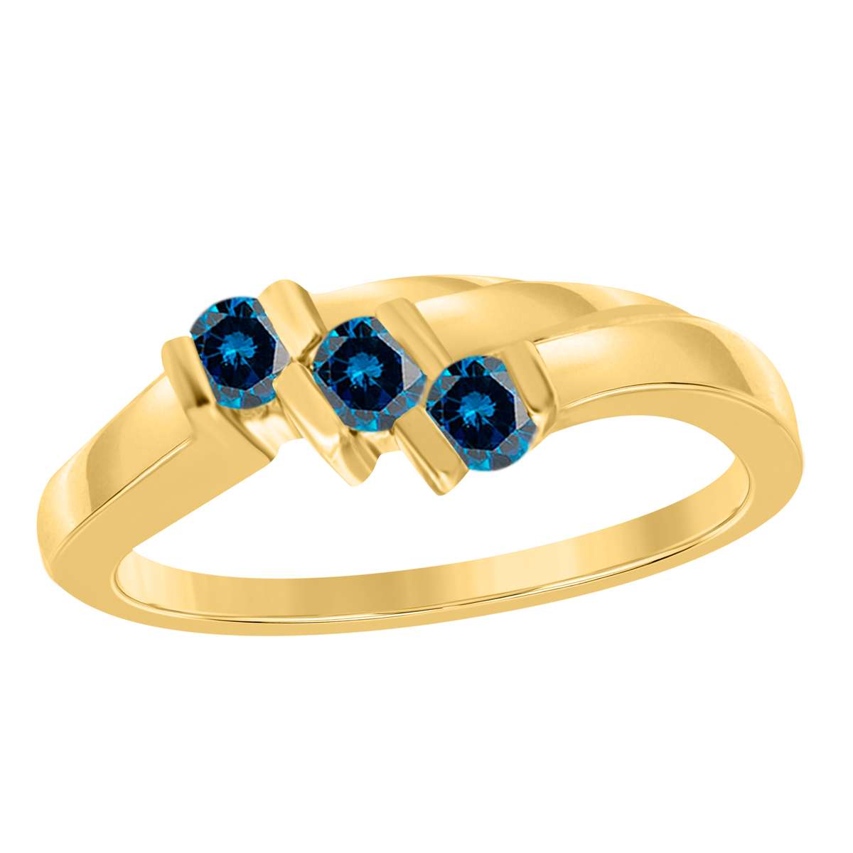 0.20 Carat Blue Diamond Channel Set 3 Stone Wedding Ring In 10K Yellow White & Rose Gold Mauli Jewels