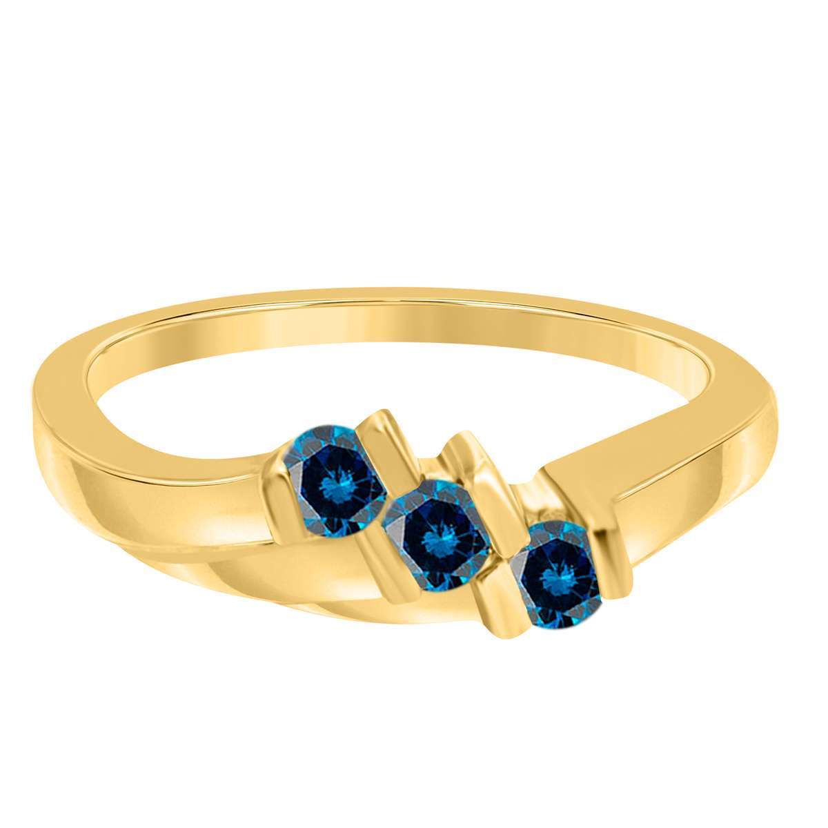0.20 Carat Blue Diamond Channel Set 3 Stone Wedding Ring In 10K Yellow White & Rose Gold Mauli Jewels