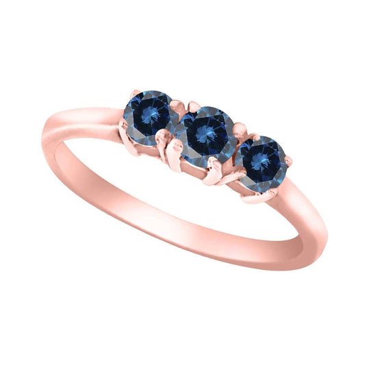 0.50 Carat Natural Blue Diamond Three Stone Engagement Rings For Women In 10K Rose White & Yellow Gold Mauli Jewels