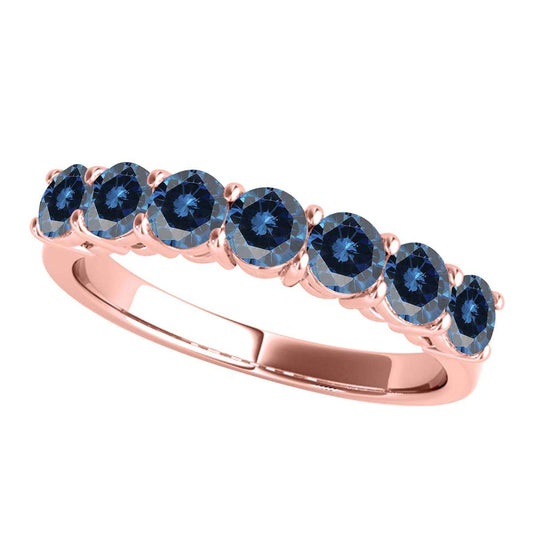 1.0 Carat Round Brilliant Cut Blue Diamond Classic Seven Stone Ring In 10K Rose, White & Yellow Gold Mauli Jewels