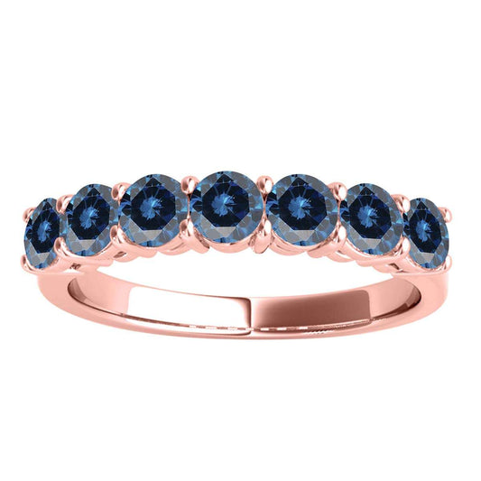 1.0 Carat Round Brilliant Cut Blue Diamond Classic Seven Stone Ring In 10K Rose, White & Yellow Gold Mauli Jewels