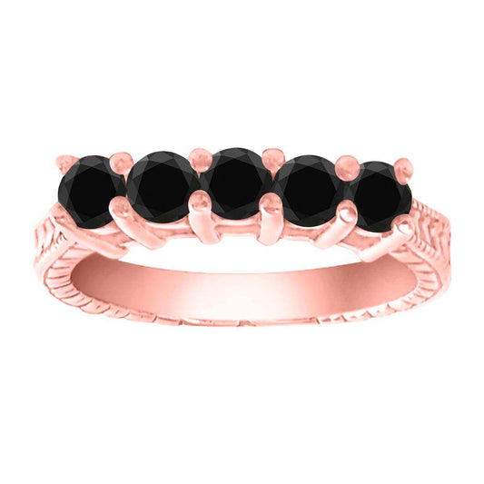 0.75 Carat Black Diamond Art Deco Five Stone Engagement Wedding Ring In 10K Rose, White & Yellow Gold Mauli Jewels