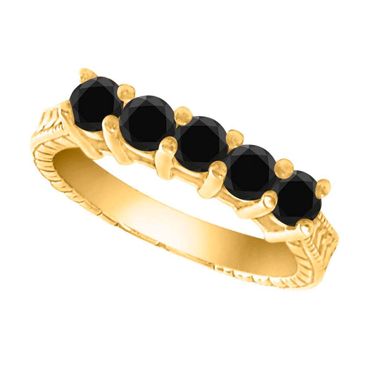 0.75 Carat Black Diamond Art Deco Five Stone Engagement Wedding Ring In 10K Rose, White & Yellow Gold Mauli Jewels