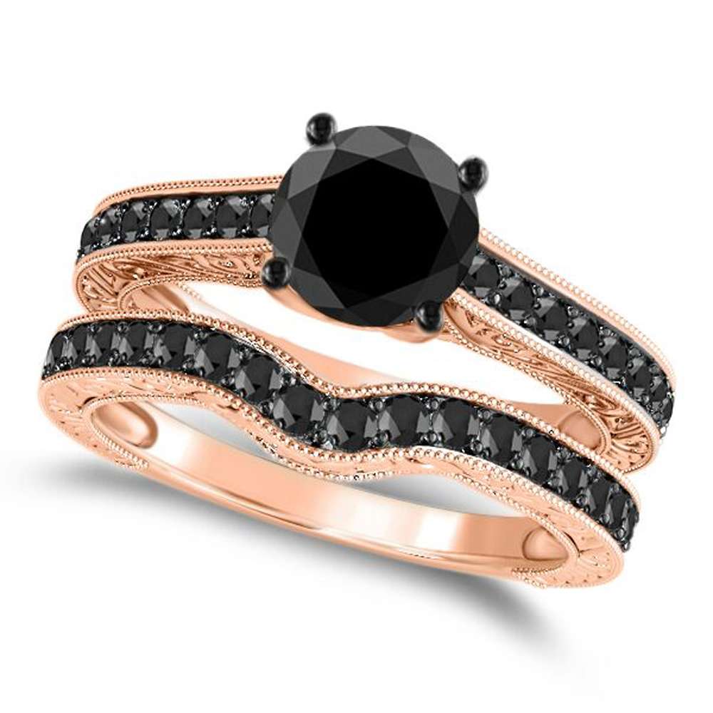1.50 Carat Natural Black Diamond Black Rhodium Plated Bridal Set Engagement Wedding Ring in 10K Rose, White & Yellow Gold Mauli Jewels