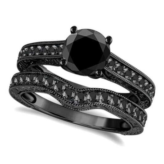 1.50 Carat Natural Black Diamond Bridal Set Engagement Rings in 10K Solid Gold – Timeless Elegance for Your Special Day Mauli Jewels