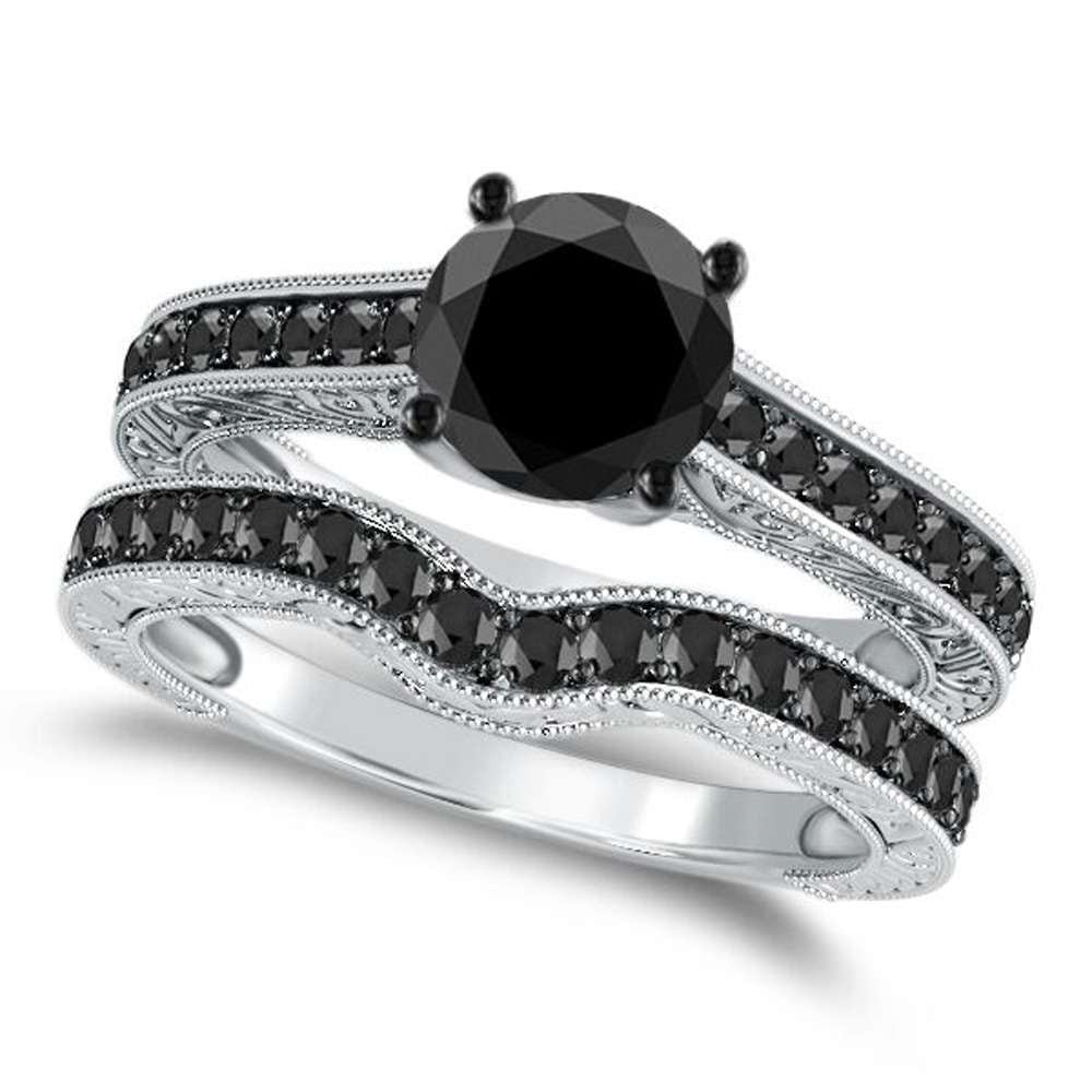 1.50 Carat Natural Black Diamond Black Rhodium Plated Bridal Set Engagement Wedding Ring in 10K Rose, White & Yellow Gold Mauli Jewels