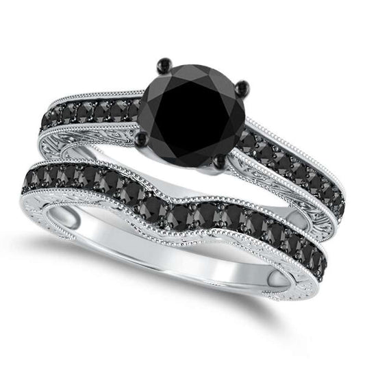 1.50 Carat Natural Black Diamond Black Rhodium Plated Bridal Set Engagement Wedding Ring in 10K Rose, White & Yellow Gold Mauli Jewels