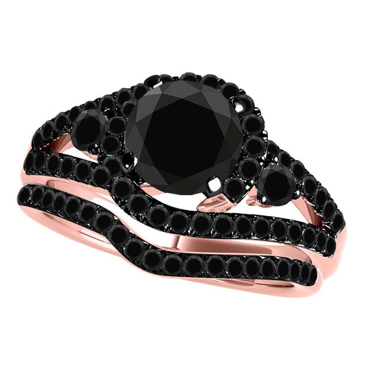 2.05 Carat Black Diamond Halo Engagement Ring Bridal Set in 10K Rose, White & Yellow Gold Mauli Jewels