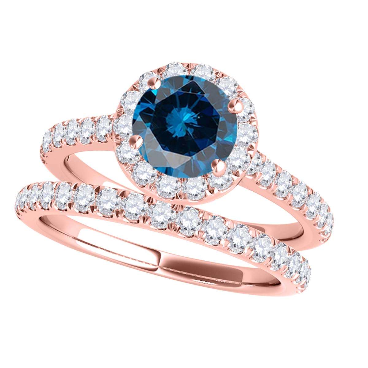1.6 Carat Blue and White Diamond Halo Bridal Set Engagement Ring in 18K Rose, White, and Yellow Gold Mauli Jewels
