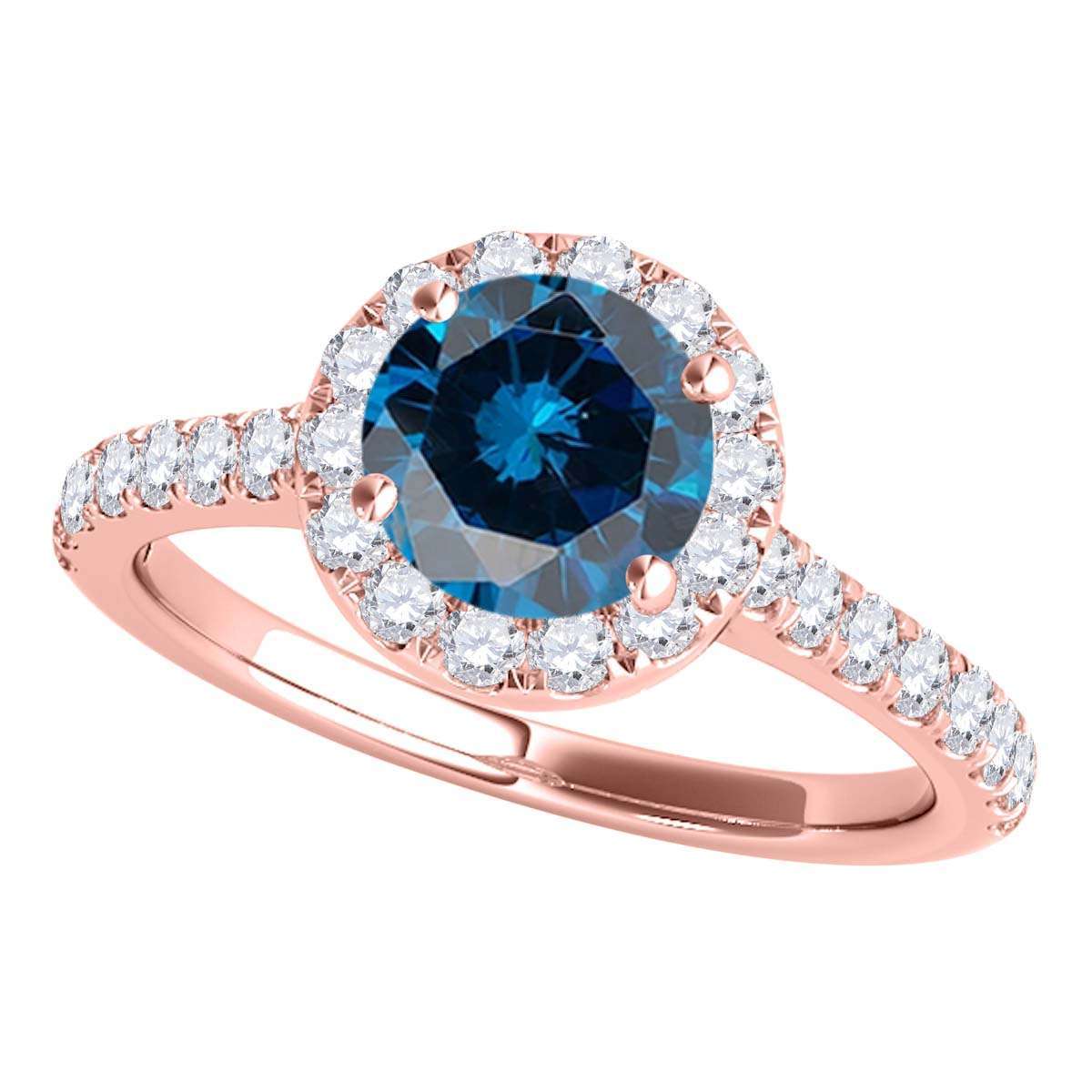 1.6 Carat Blue and White Diamond Halo Bridal Set Engagement Ring in 18K Rose, White, and Yellow Gold Mauli Jewels