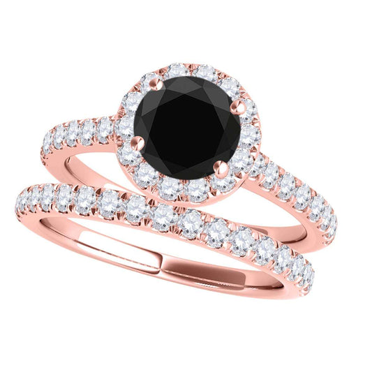 1.6 Carat Black and White Diamond Halo Bridal Set Engagement Ring in 18K Rose, White & Yellow Gold Mauli Jewels