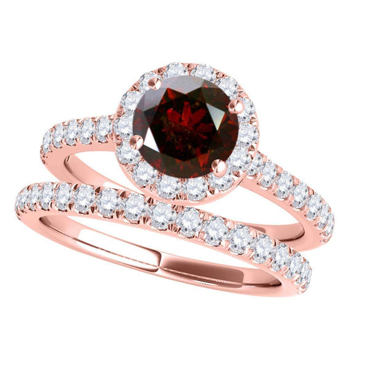 1.6 Carat Red and White Diamond Halo Bridal Set Engagement Ring in 18K Rose, White, and Yellow Gold Mauli Jewels