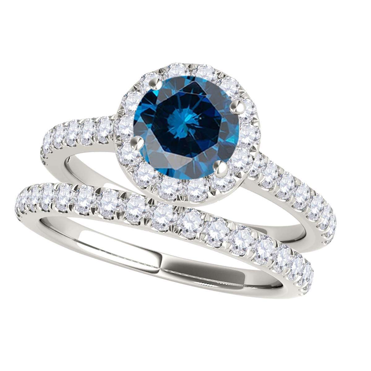 1.6 Carat Blue and White Diamond Halo Bridal Set Engagement Ring in 18K Rose, White, and Yellow Gold Mauli Jewels