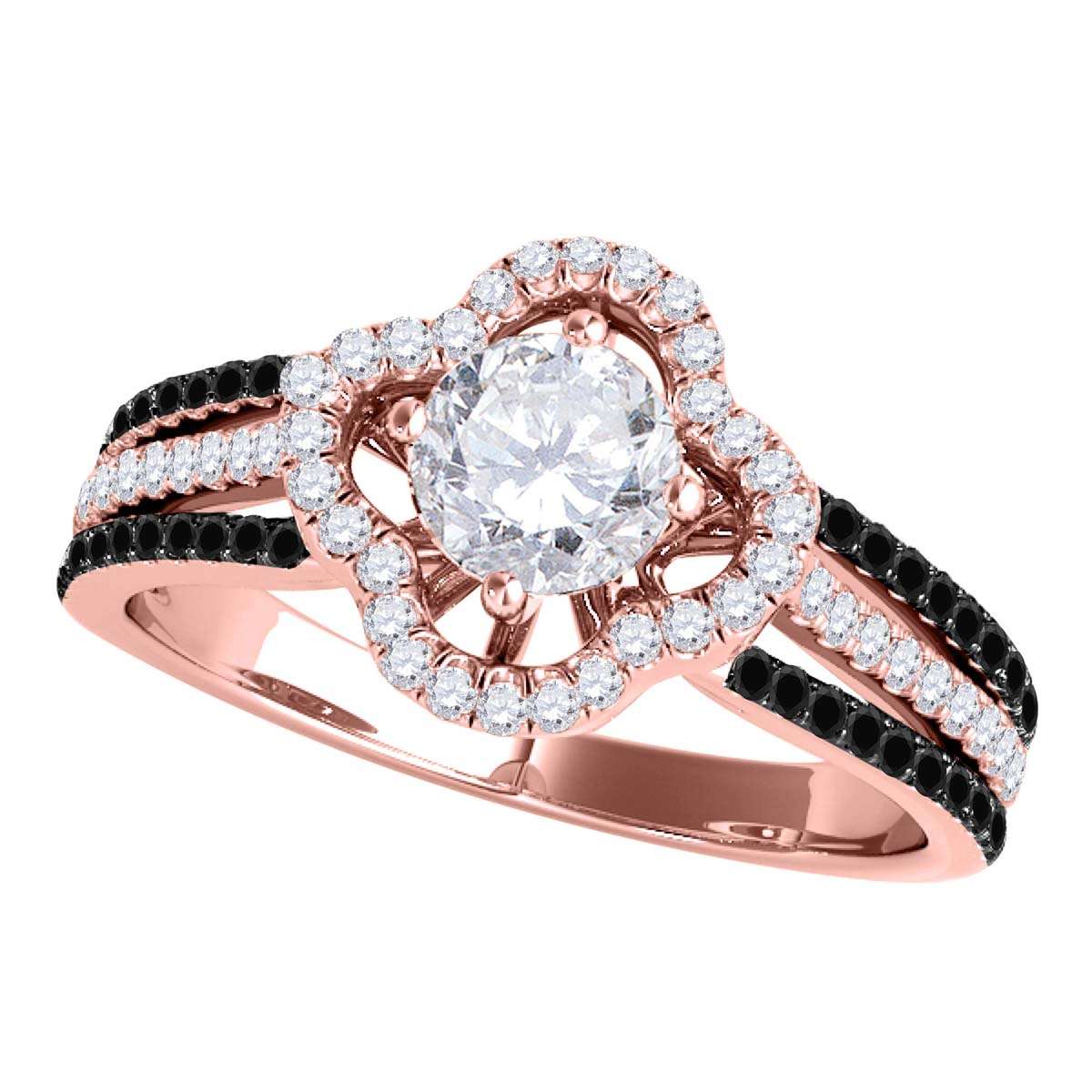 14K Solid Rose White & Yellow Gold 3/4 Carat Halo White And Black Diamond Engagement Rings For Women Mauli Jewels
