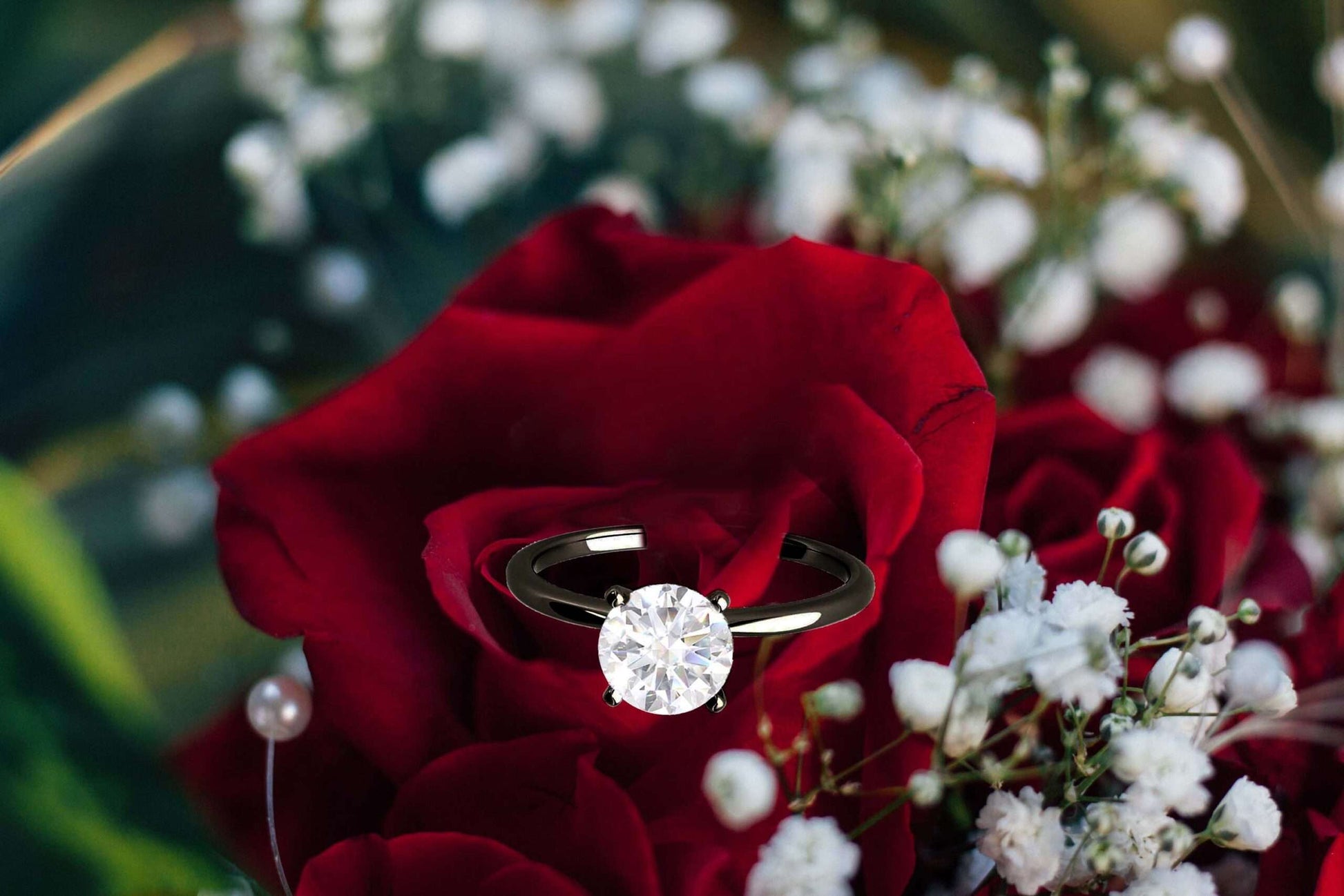 MAULI JEWELS 1.00 Carat Moissanite & Diamond Black Rhodium Plated Solitaire Engagement Ring in 10K Solid White Gold Mauli Jewels