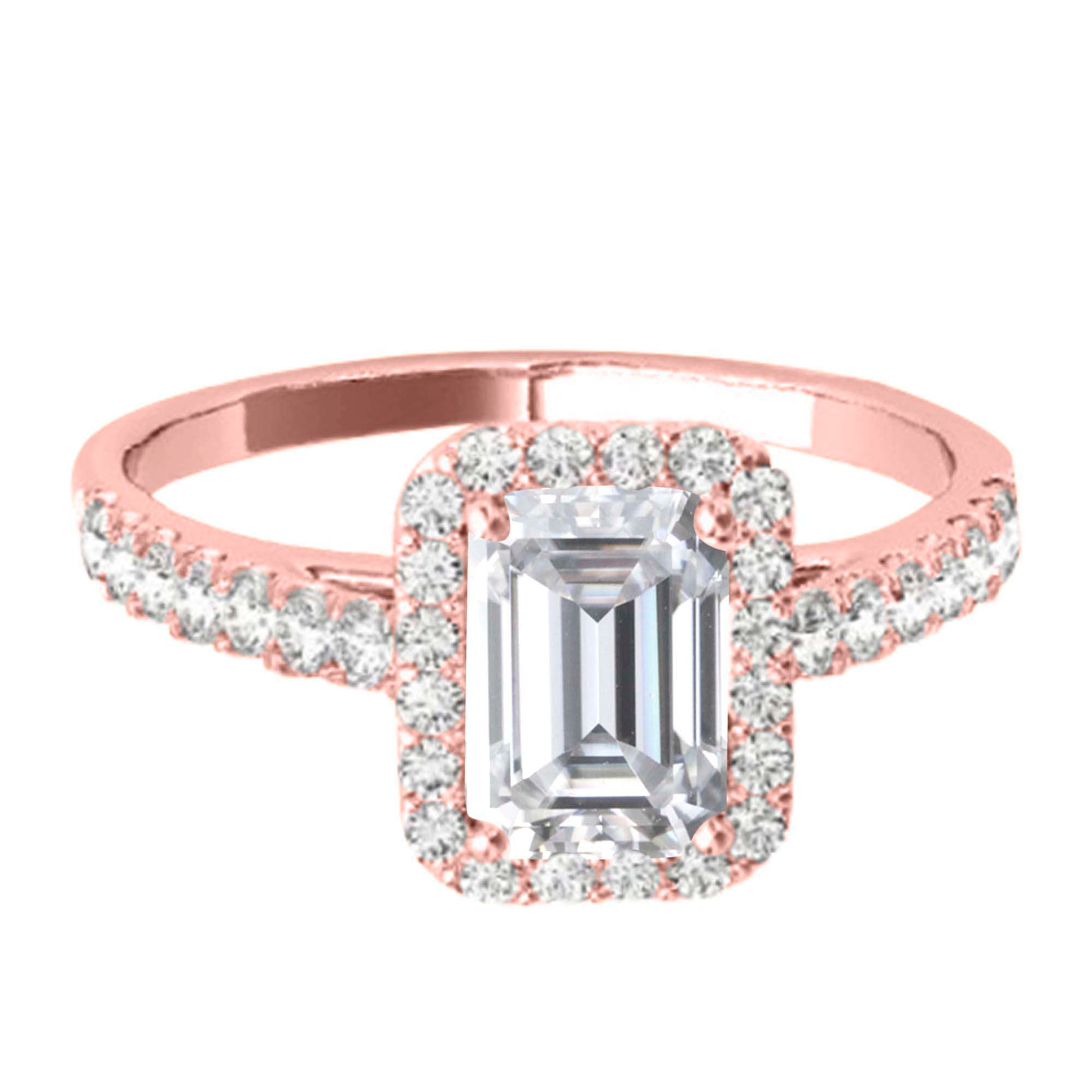 2.25 Carat Emerald Cut Moissanite & Diamond Halo Engagement Ring in 10K Rose, White, or Yellow Gold | Mauli Jewels Mauli Jewels