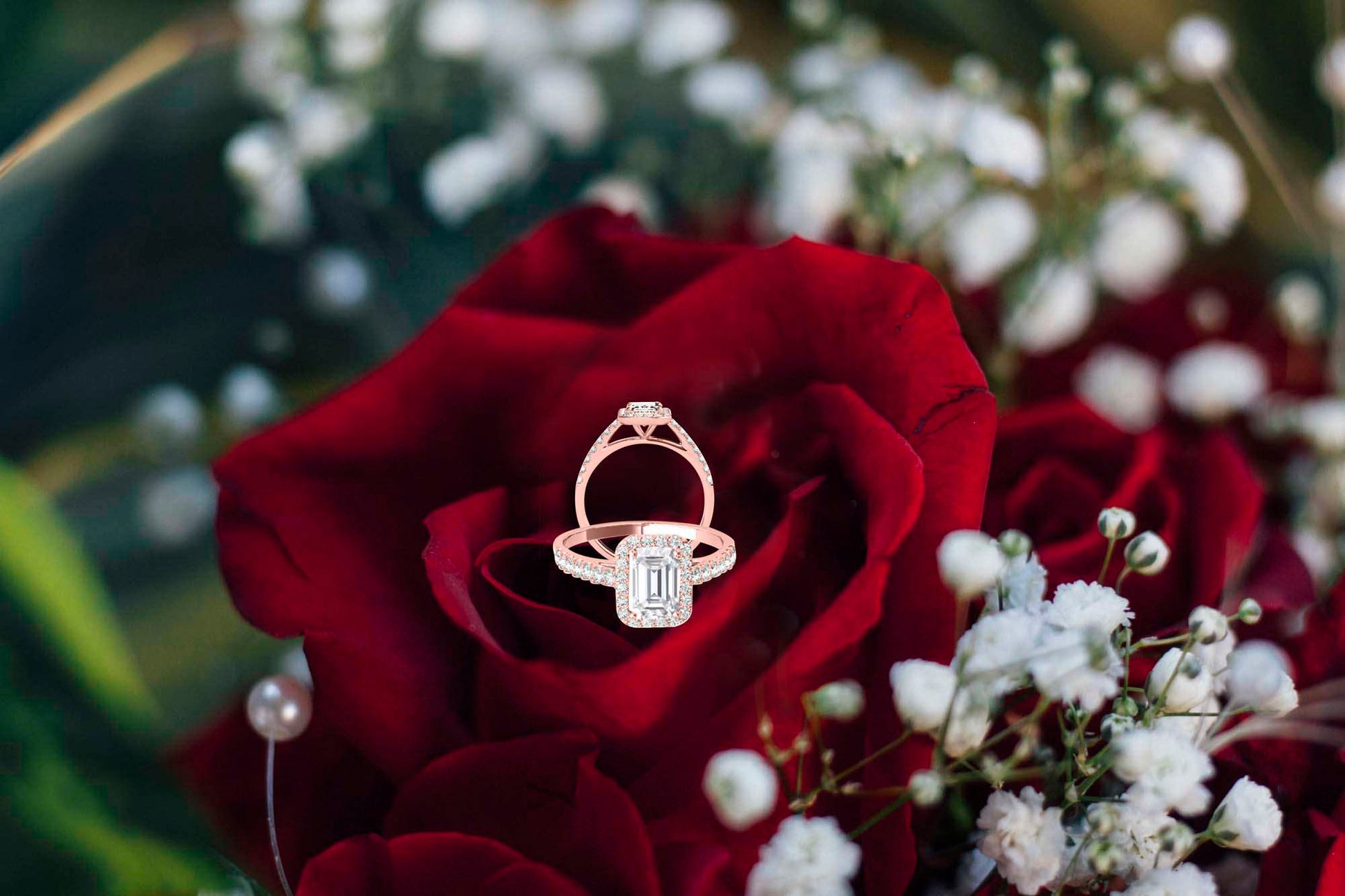 2.25 Carat Emerald Cut Moissanite & Diamond Halo Engagement Ring in 10K Rose, White, or Yellow Gold | Mauli Jewels Mauli Jewels