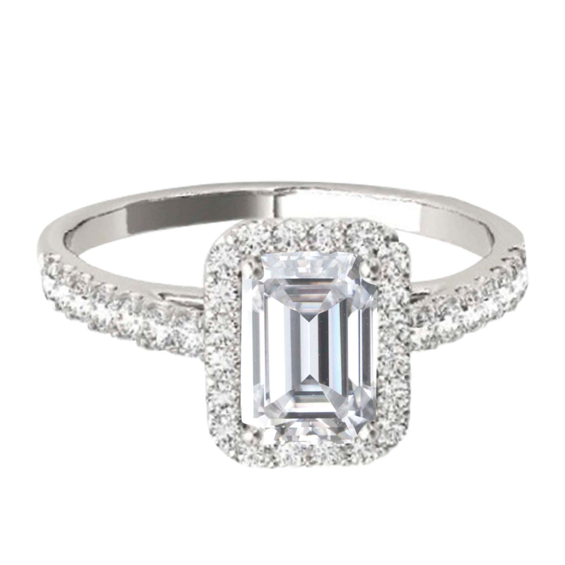 2.25 Carat Emerald Cut Moissanite & Diamond Halo Engagement Ring in 10K Rose, White, or Yellow Gold | Mauli Jewels Mauli Jewels