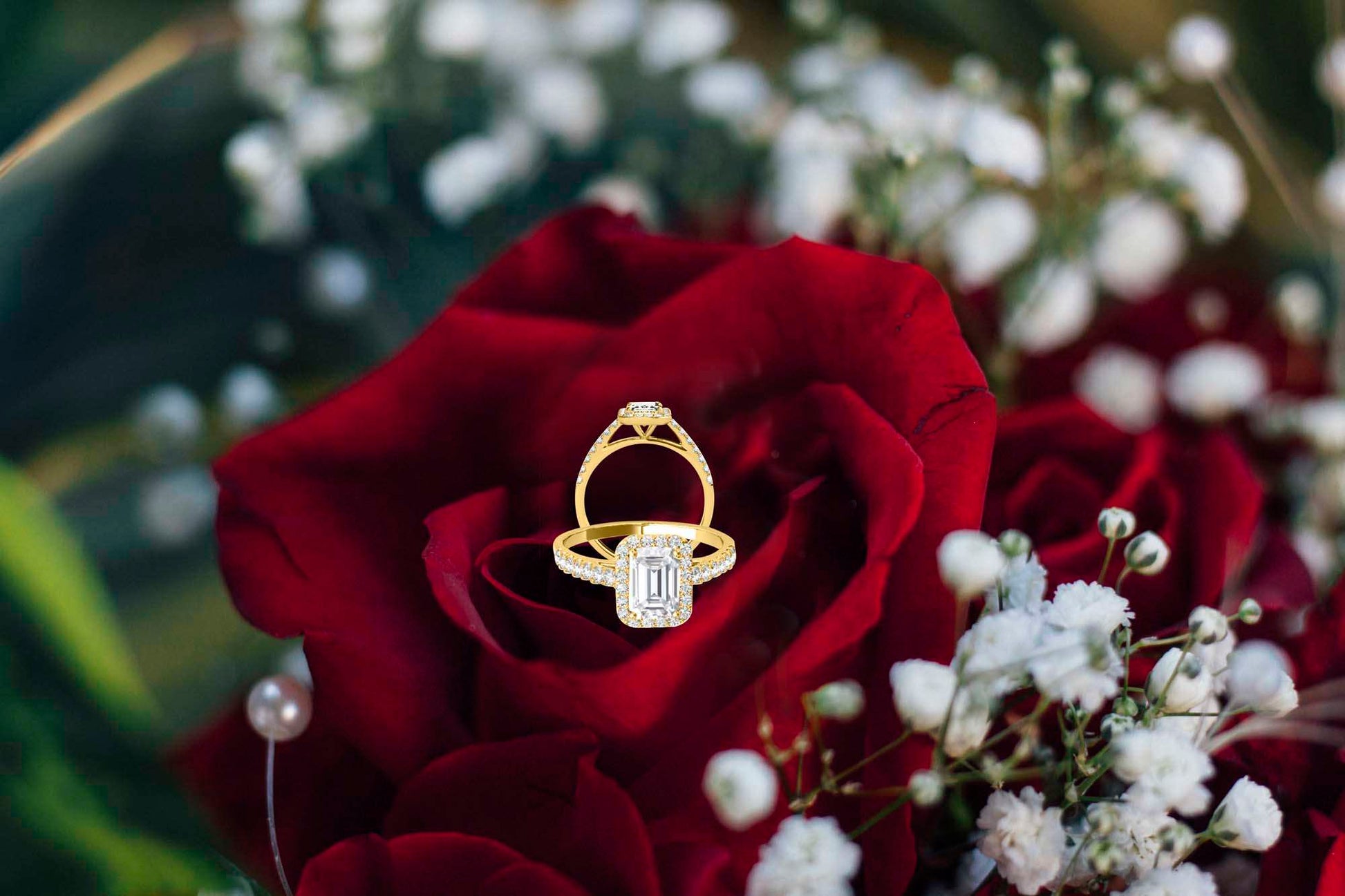 2.25 Carat Emerald Cut Moissanite & Diamond Halo Engagement Ring in 10K Rose, White, or Yellow Gold | Mauli Jewels Mauli Jewels