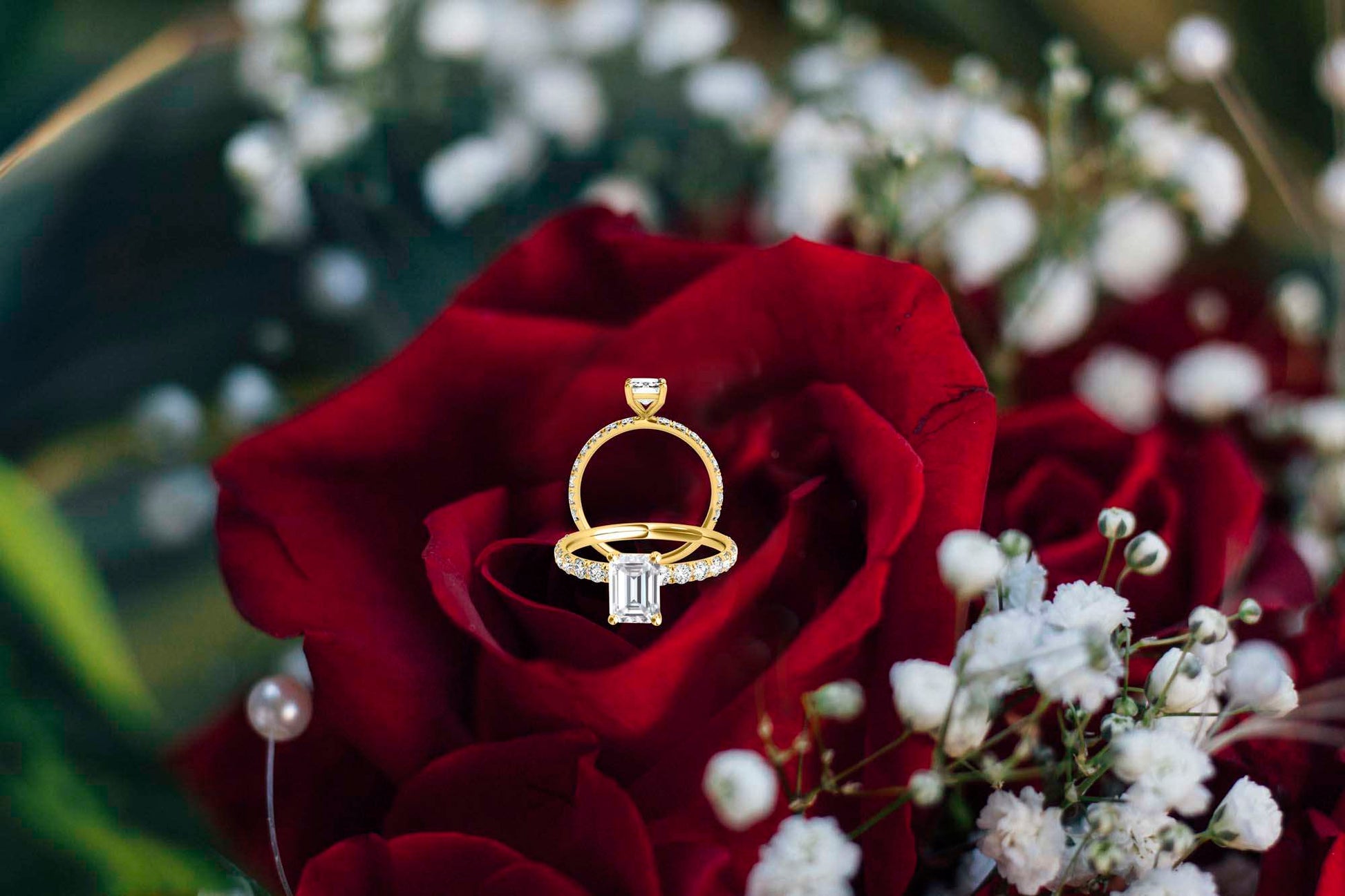 MAULI JEWELS 2.50 Carat Emerald Cut Moissanite (G-H/ VS1) And Natural Diamond Engagement Rings In 10K Solid Rose White & Yellow Gold Mauli Jewels