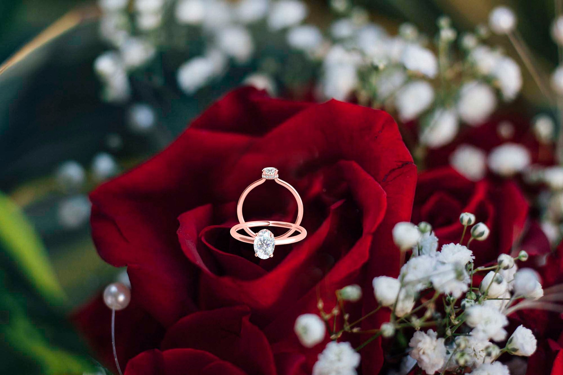 MAULI JEWELS 1.05 Carat Oval Moissanite (G-H/ VS1) And Natural Diamond Engagement Rings In 14K Solid Rose White & Yellow Gold Mauli Jewels