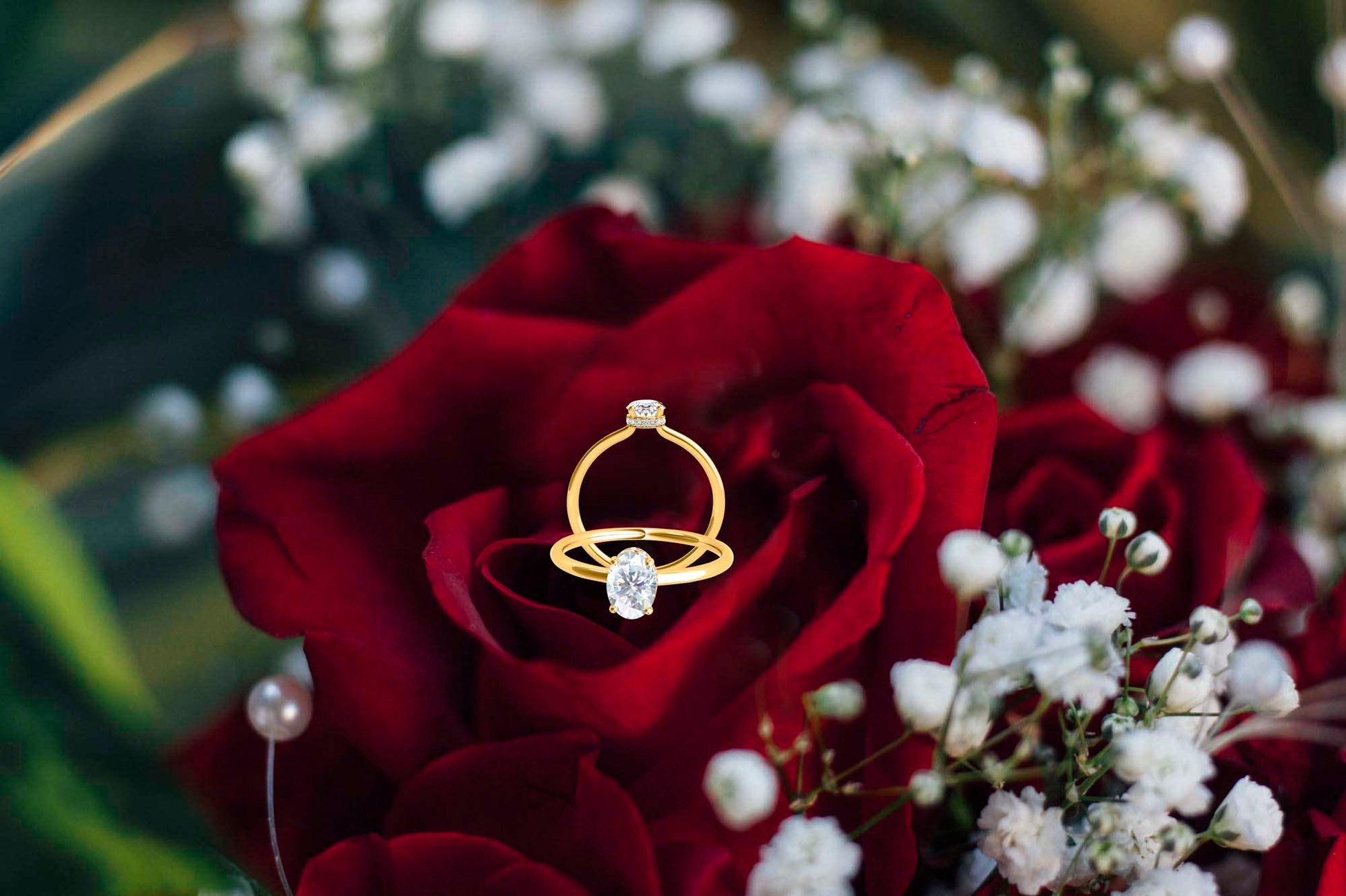 MAULI JEWELS 1.05 Carat Oval Moissanite (G-H/ VS1) And Natural Diamond Engagement Rings In 14K Solid Rose White & Yellow Gold Mauli Jewels