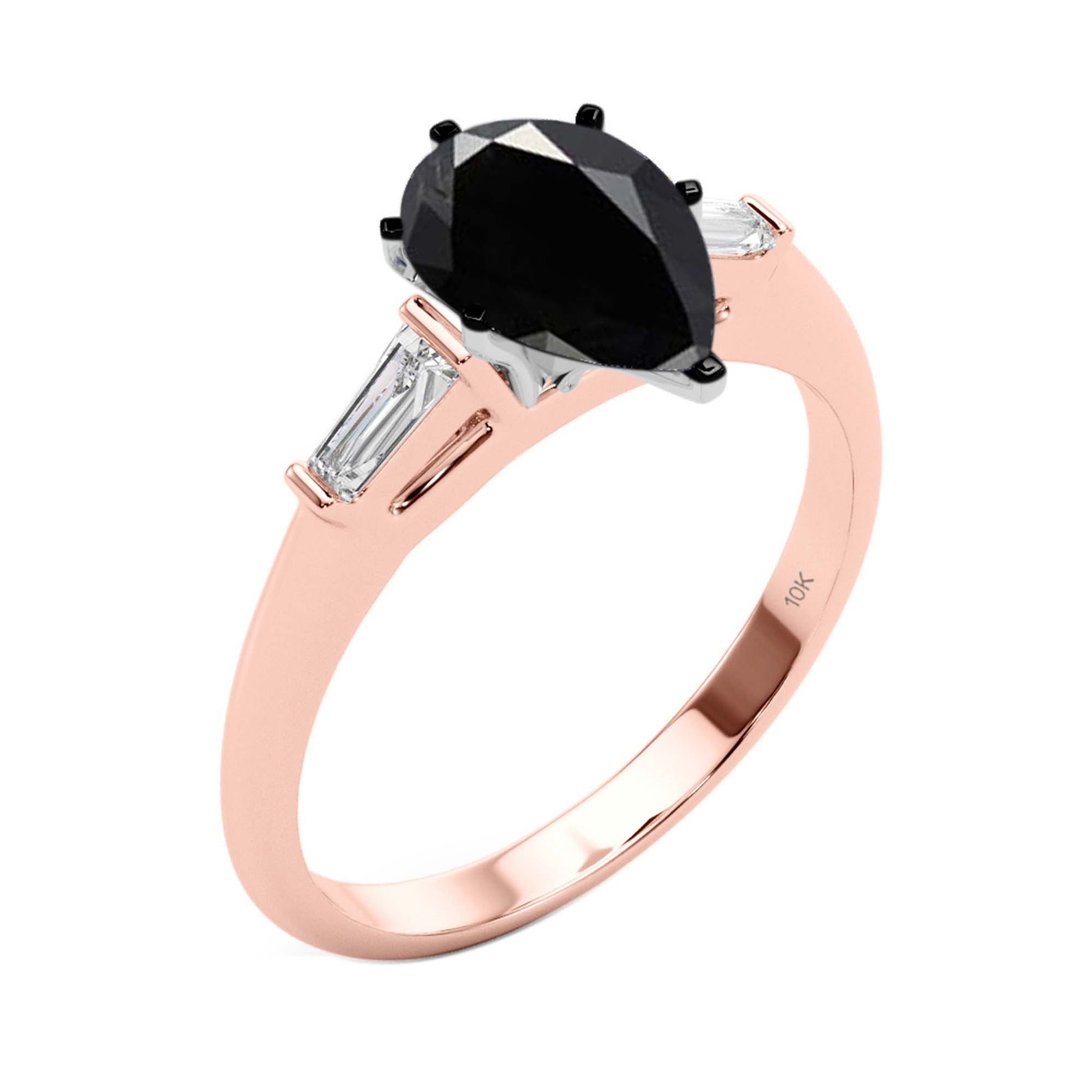 1.25 Carat Black Pear-Shaped and White Baguette Diamond Engagement Ring in 10K Gold for Women Mauli Jewels