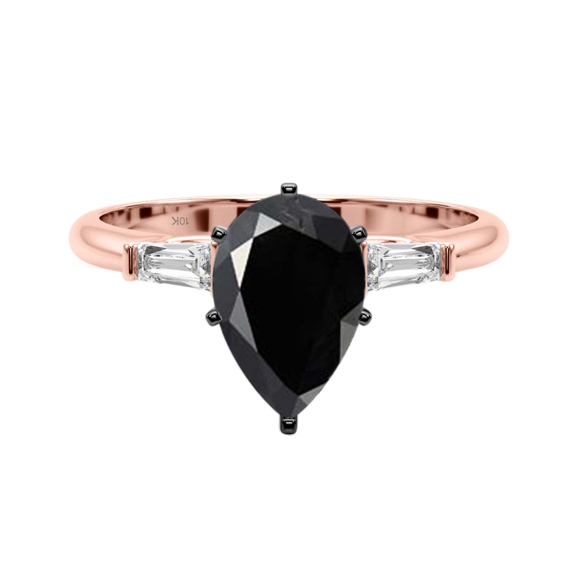 1.25 Carat Black Pear-Shaped and White Baguette Diamond Engagement Ring in 10K Gold for Women Mauli Jewels
