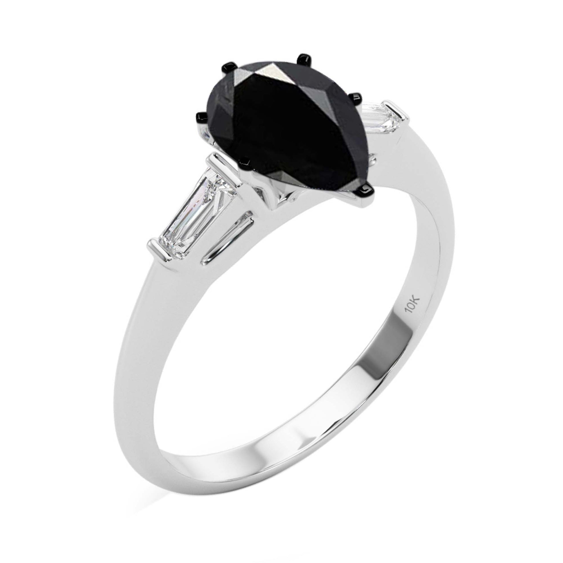 1.25 Carat Black Pear-Shaped and White Baguette Diamond Engagement Ring in 10K Gold for Women Mauli Jewels