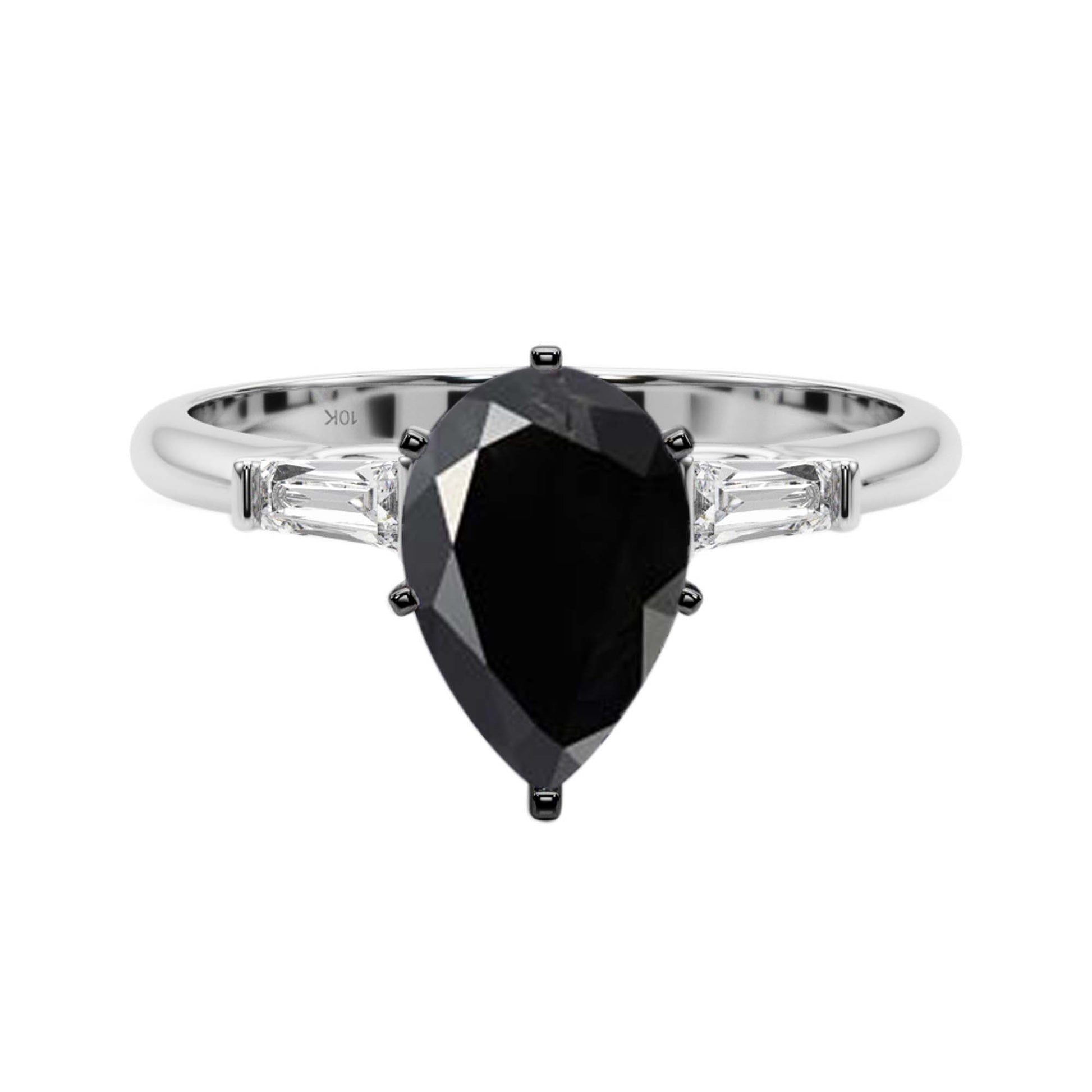 1.25 Carat Black Pear-Shaped and White Baguette Diamond Engagement Ring in 10K Gold for Women Mauli Jewels
