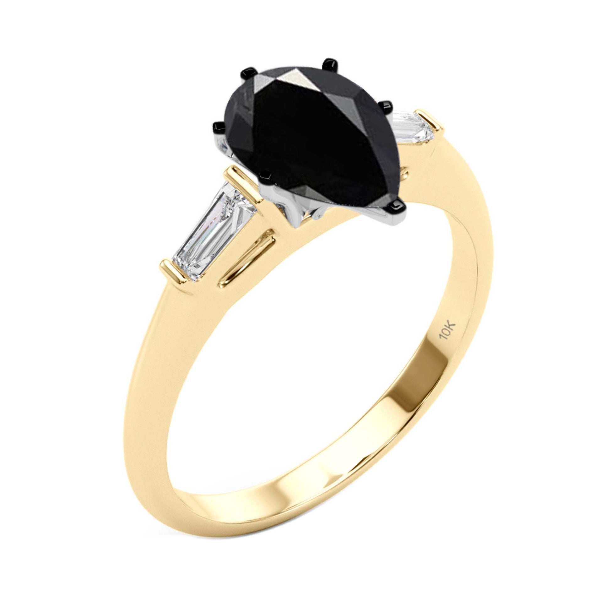 1.25 Carat Black Pear-Shaped and White Baguette Diamond Engagement Ring in 10K Gold for Women Mauli Jewels