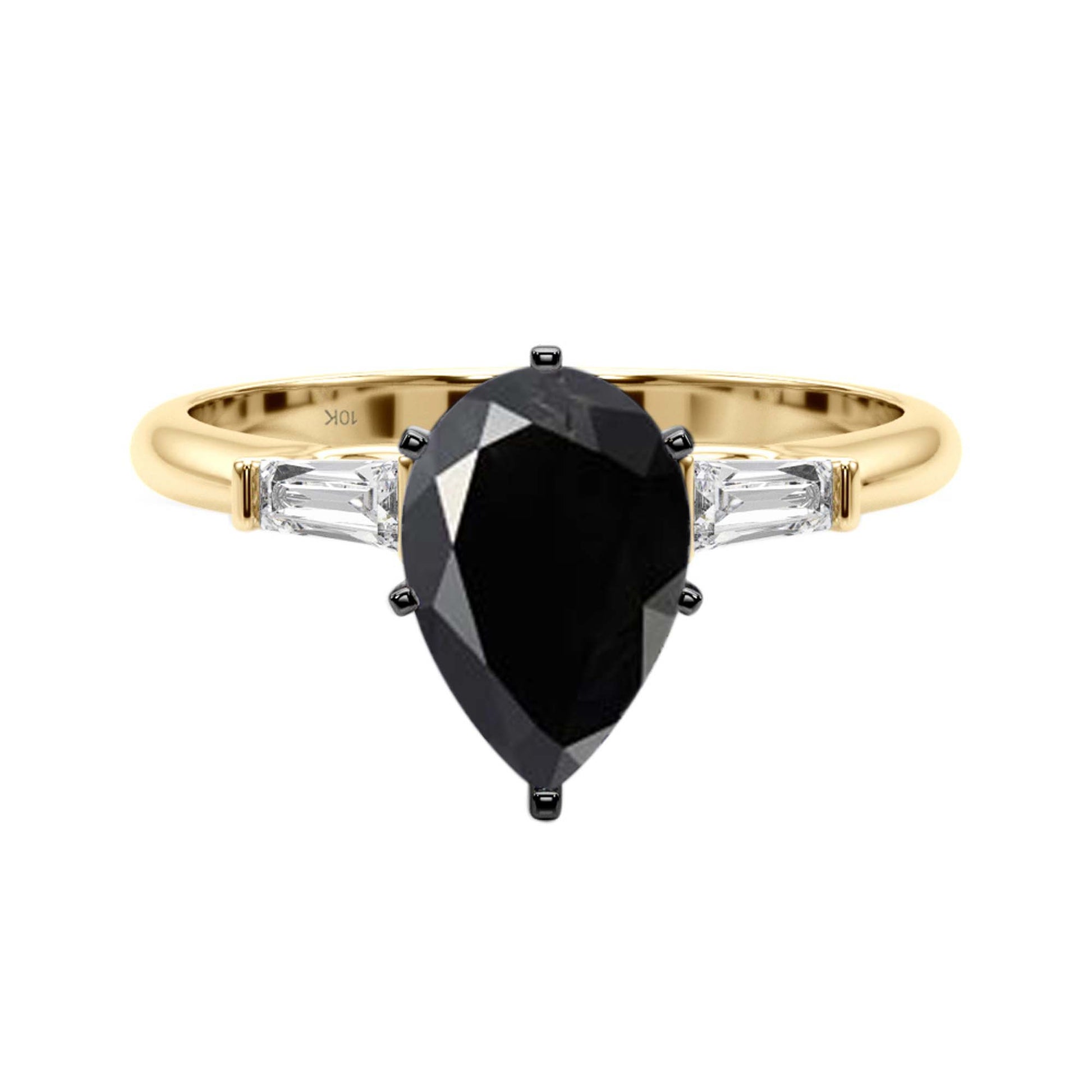 1.25 Carat Black Pear-Shaped and White Baguette Diamond Engagement Ring in 10K Gold for Women Mauli Jewels