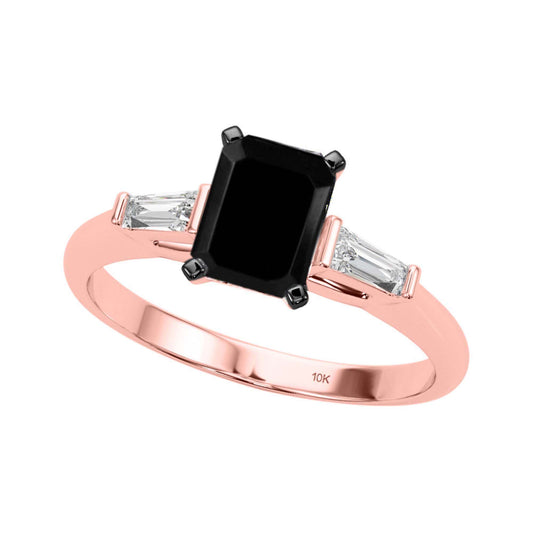 1.30 Carat Emerald Cut Black And White Baguette Diamond Engagement Rings For Women's In 10K Rose White Yellow Gold Mauli Jewels