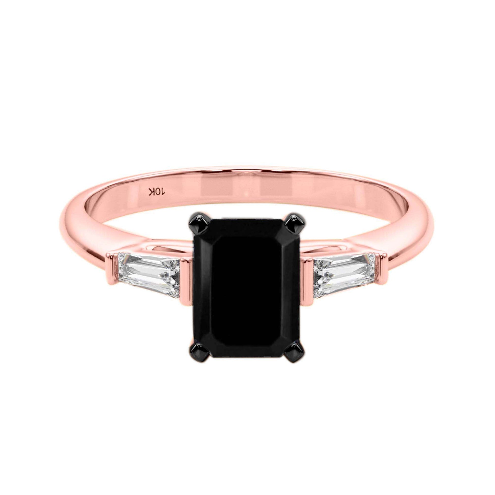 1.30 Carat Emerald Cut Black And White Baguette Diamond Engagement Rings For Women's In 10K Rose White Yellow Gold Mauli Jewels