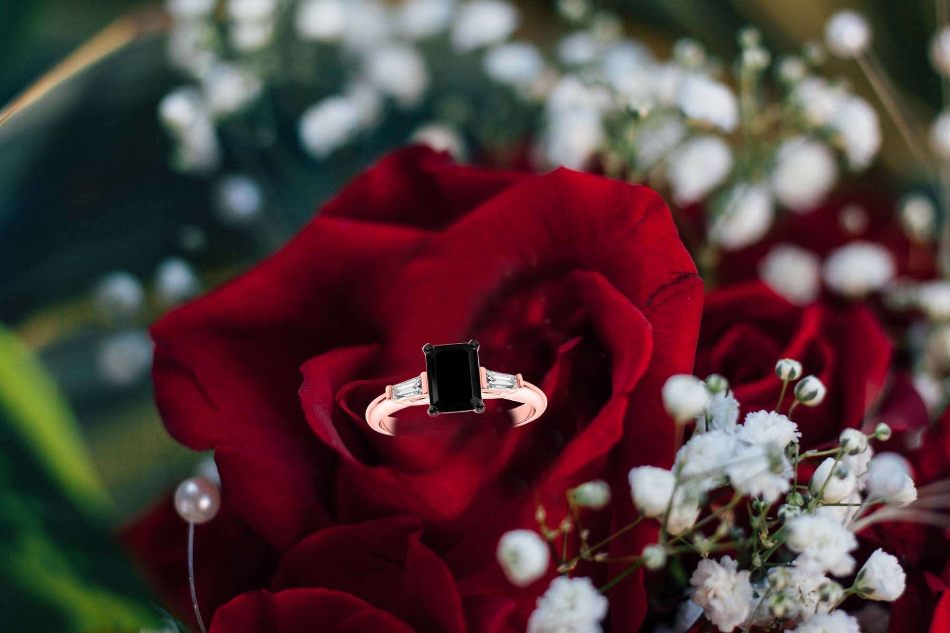 1.30 Carat Emerald Cut Black And White Baguette Diamond Engagement Rings For Women's In 10K Rose White Yellow Gold Mauli Jewels