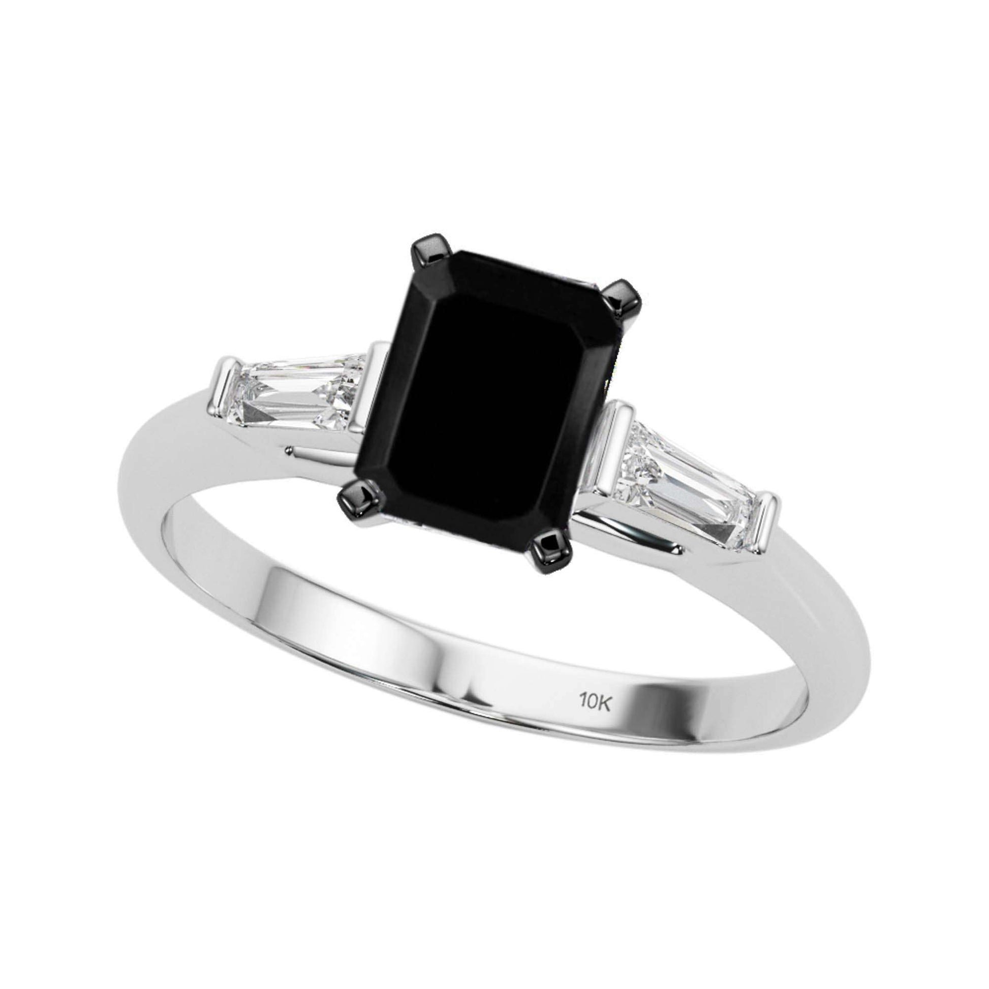 1.30 Carat Emerald Cut Black And White Baguette Diamond Engagement Rings For Women's In 10K Rose White Yellow Gold Mauli Jewels