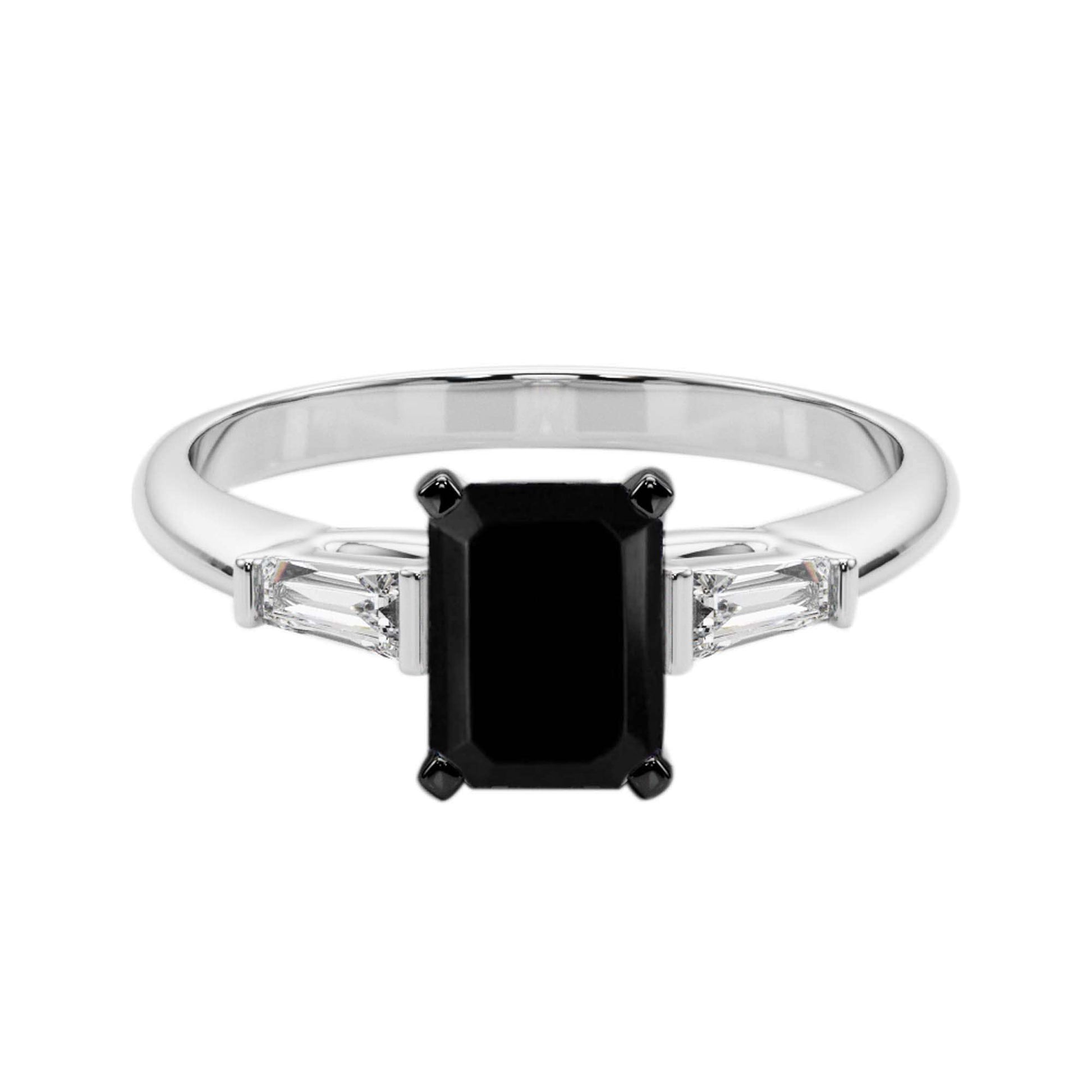 1.30 Carat Emerald Cut Black And White Baguette Diamond Engagement Rings For Women's In 10K Rose White Yellow Gold Mauli Jewels