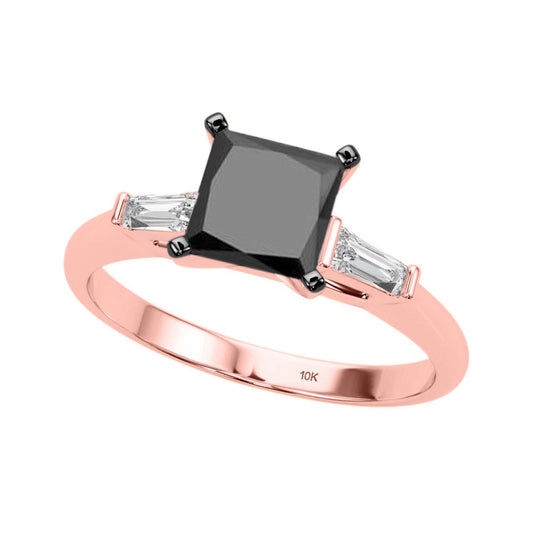 1.50 Carat Princess Black And White Baguette Diamond Engagement Rings For Women's In 10K Rose White Yellow Gold Mauli Jewels