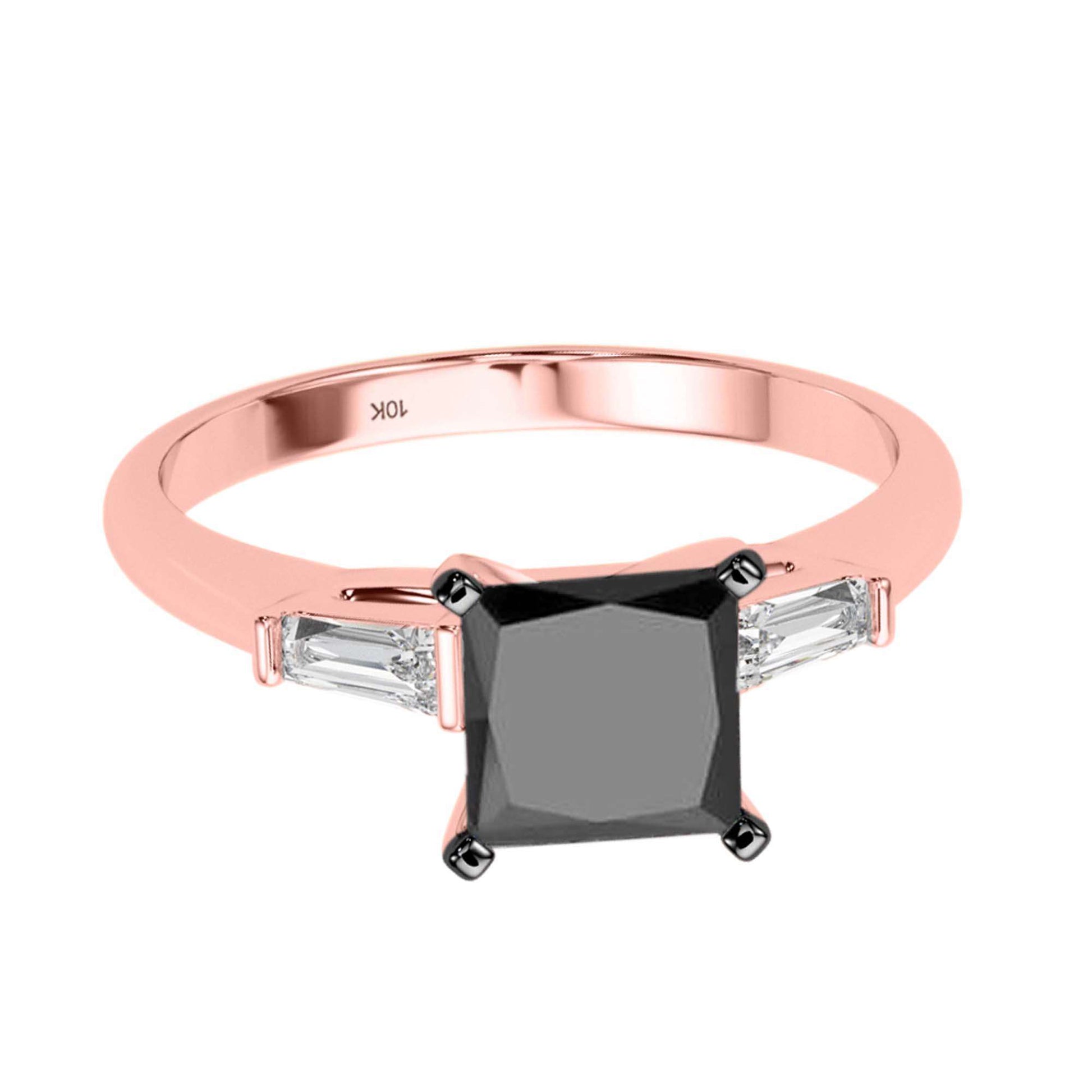 1.50 Carat Princess Black And White Baguette Diamond Engagement Rings For Women's In 10K Rose White Yellow Gold Mauli Jewels